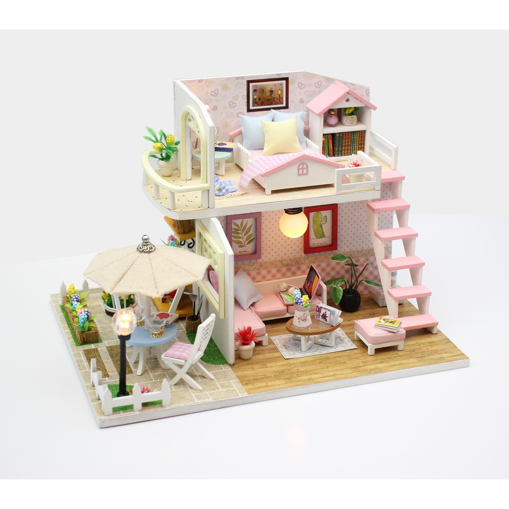 Mô hình nhà DIY Doll House Pink Loft Kèm Mica Chống bụi, Bộ dụng cụ và Keo dán