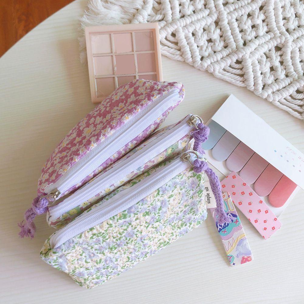 Túi Đựng Đồ Trang Điểm Mini Bằng Vải Cotton In Họa Tiết Hoa Có Khóa Kéo