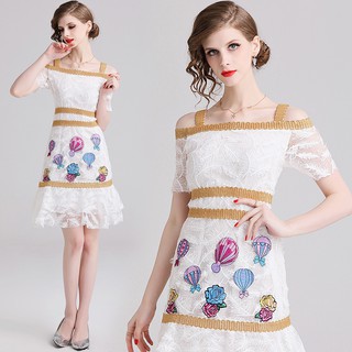 Đầm midi nữ tay ngắn phối ren thời trang quyến rũ