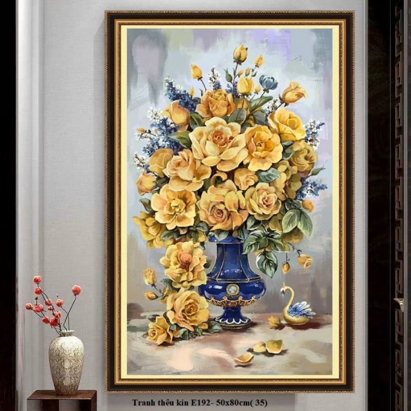 Tranh thêu chữ thập Bình hoa hồng vàng E192(50x80cm)chưa thêu