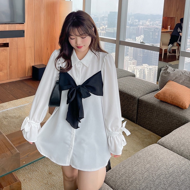 Áo sơ mi phối màu đen quấn eo buộc nơ xinh t1