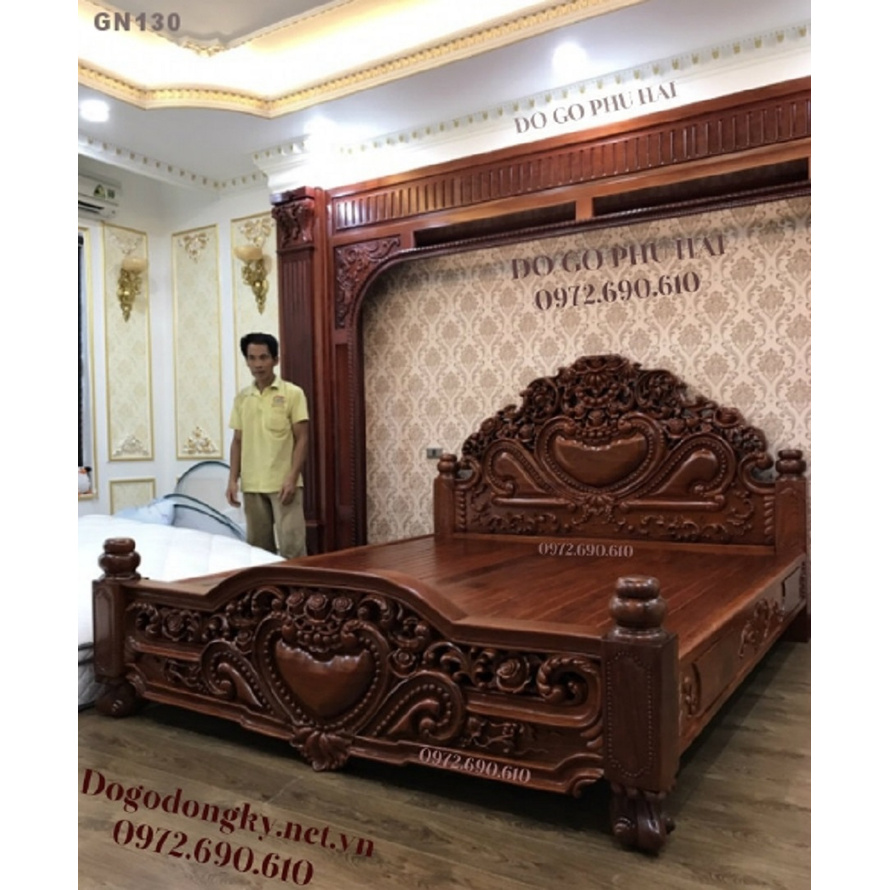 Giường gỗ cẩm lai, giường tim mẫu hiếm cho Phú Gia GN130