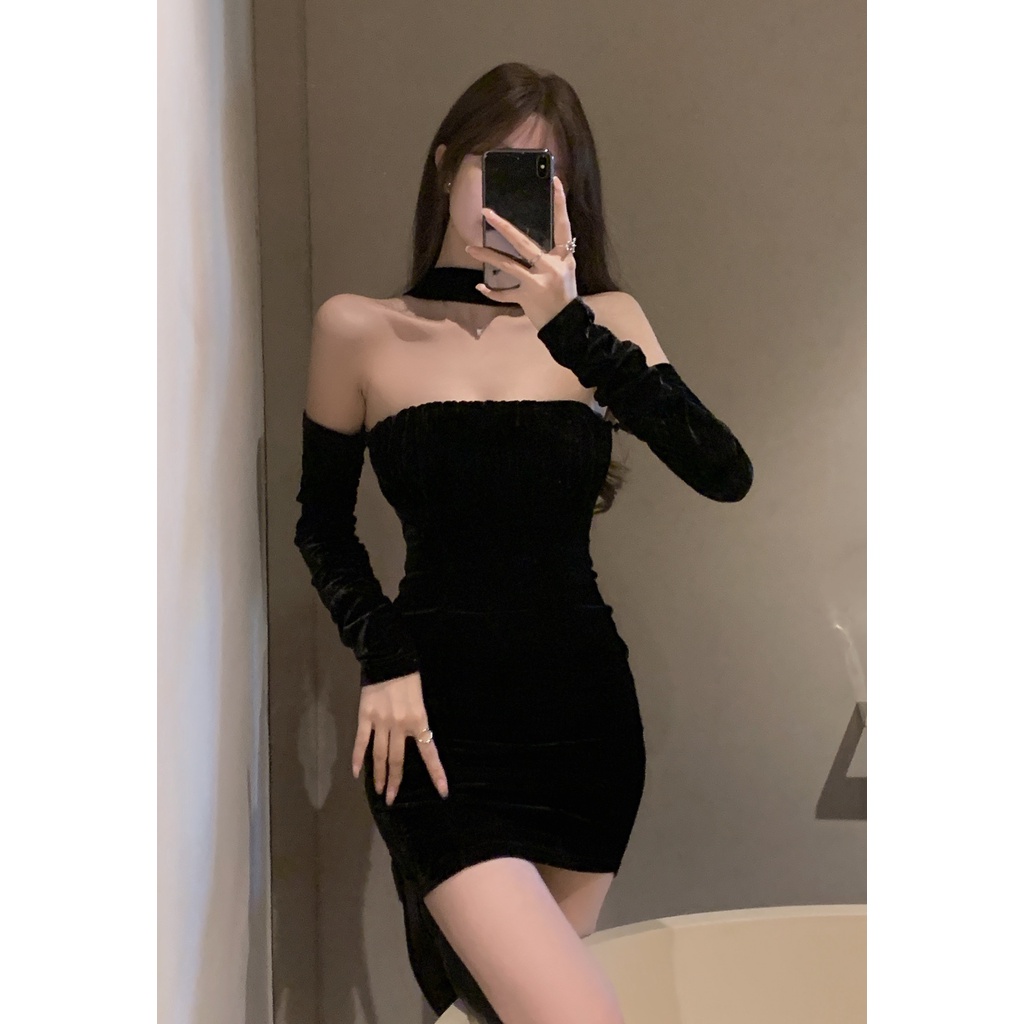 Đầm nhung đen tay dài hở vai ôm dáng thời trang thu đông quyến rũ cho nữ