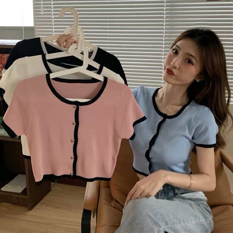 áo len dệt kim pha viền đen mix khuy màu nổi bật (2613#)