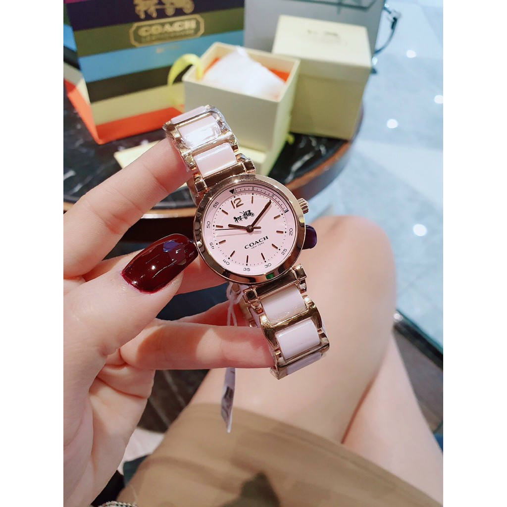 Đồng Hồ Nữ Coach Dây Ceramic Màu Hồng , Size 30mm ( 💗𝐐𝐮̀𝐚 𝐭𝐚̣̆𝐧𝐠 𝟏𝟒/𝟐 𝐬𝐢𝐞̂𝐮 𝐬𝐚𝐧𝐠💗)