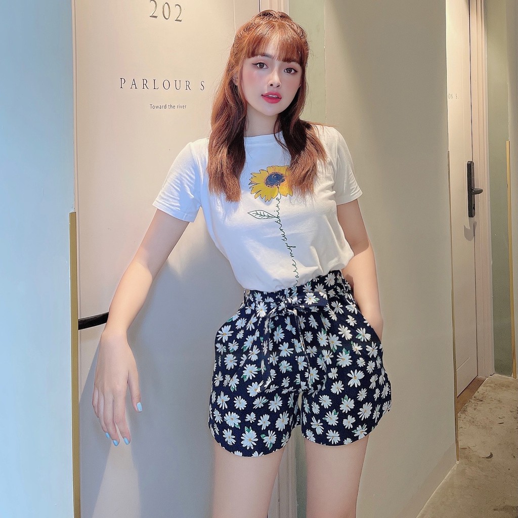 Set áo thun hoa hướng dương phối quần KAYLIN đồ nữ short ngắn Trắng Đen phông N224