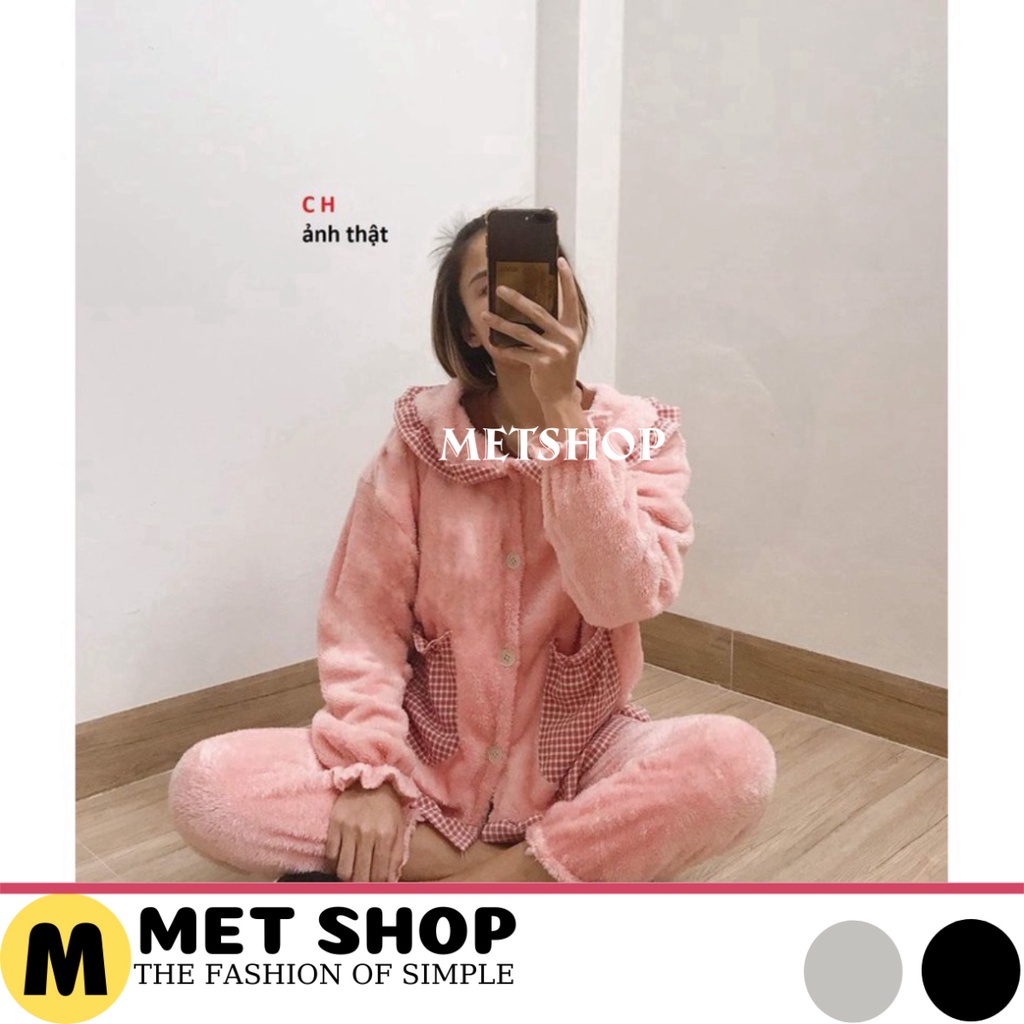 Đồ nữ ngủ mùa đông bộ đồ ngủ lông cừu phối viền caro ulzzang, sét bộ ngủ hàn quốc cổ sen khuy cài ấm áp- METSHOP
