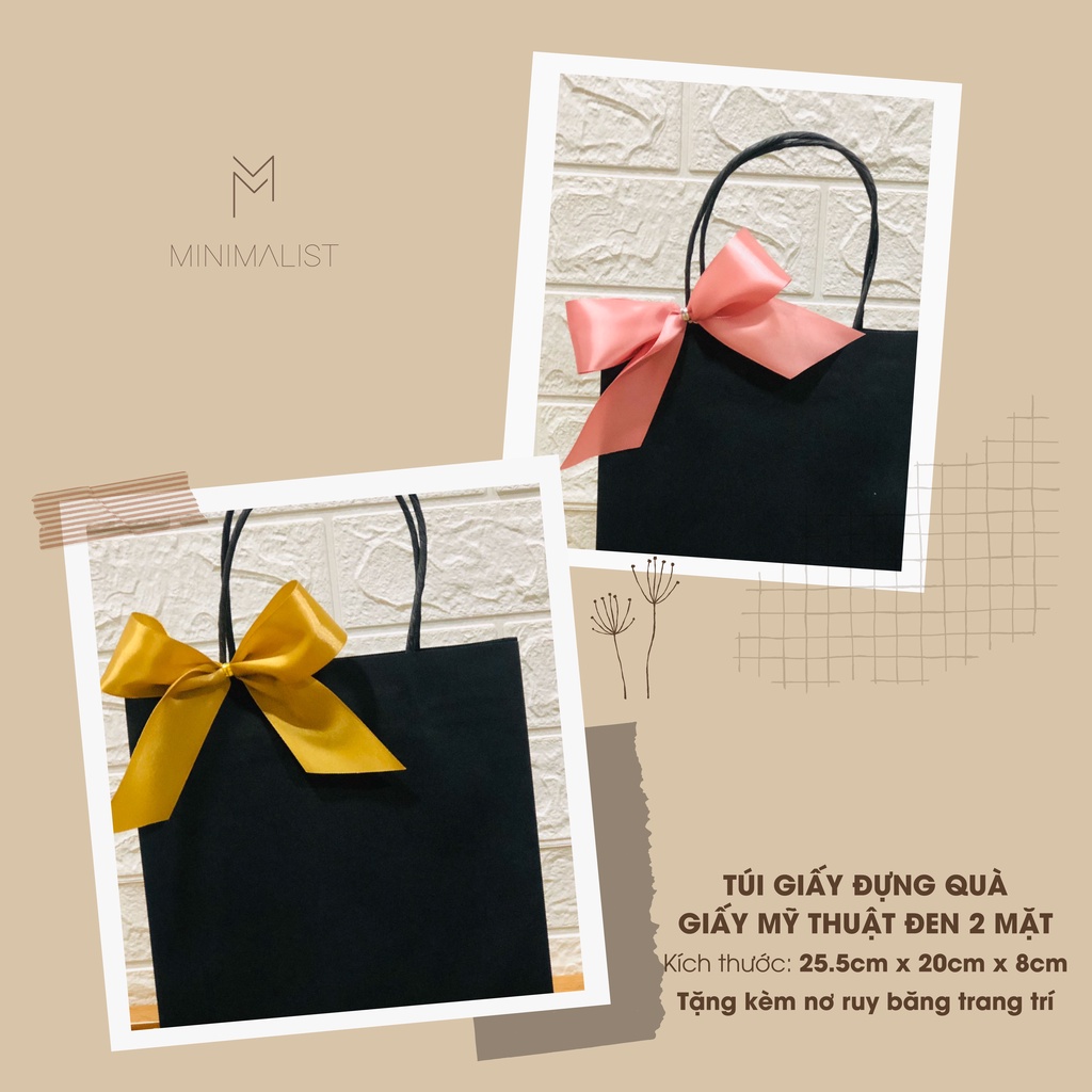 (SET 5 cái) - Túi giấy mỹ thuật nhuộm đen 2 mặt - KT 25x20x8cm - Quai xách giấy - Thêm nơ ruy băng trang trí thật xing