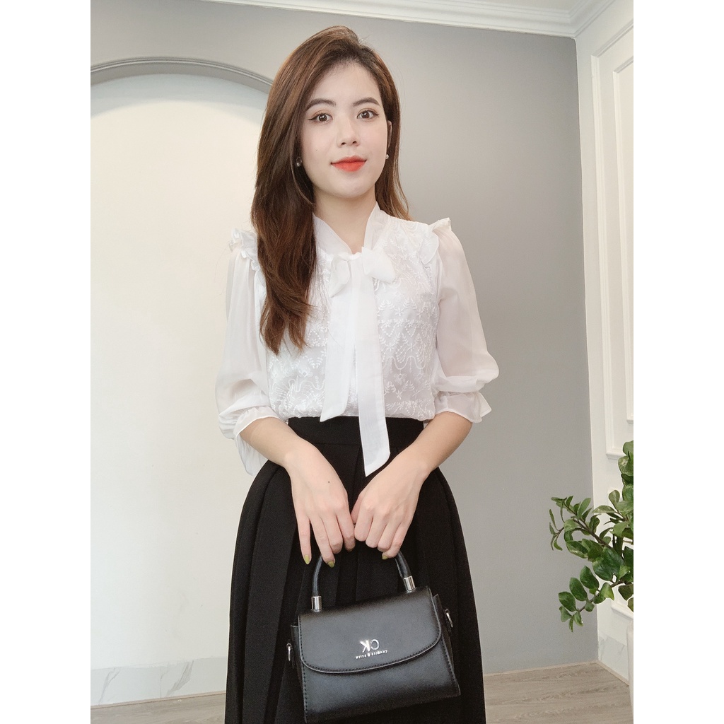 Áo Sơ Mi Ren Min House Cổ Nơ Tay Tơ Viền Bèo Vai