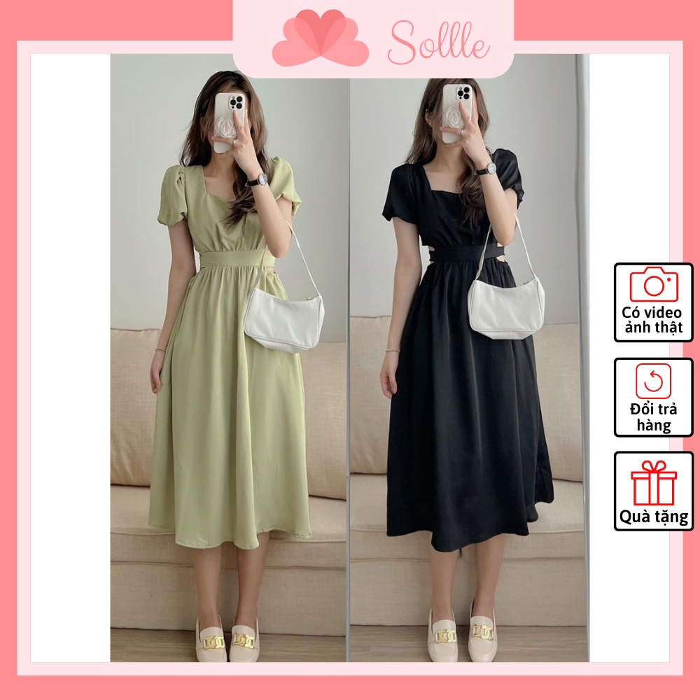 Đầm nữ khoét eo tay bồng xanh bơ Váy cutout cổ vuông hở eo thắt nơ sau dáng dài Sollle
