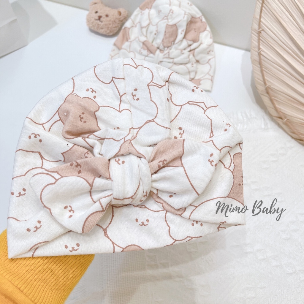 Mũ turban màu kem họa tiết hình gấu cho bé MTB96 Mimo Baby