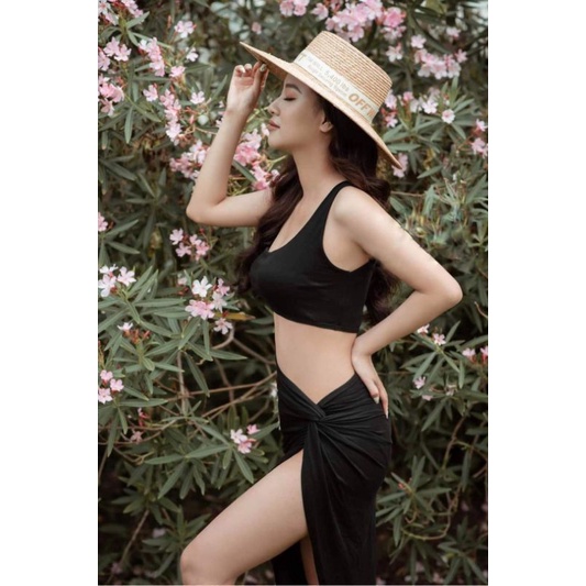 Bikini nữ đồ bơi bộ bơi đi biển set 3 món áo lệch vai váy xoắn dài qua gối  EVA S3MVX