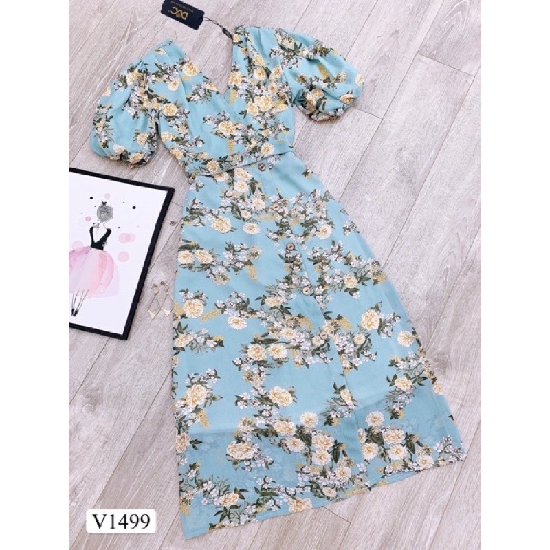 Váy cộc tay vai bồng hoa mùa thu thắt nơ màu xanh tiểu thư | BigBuy360 - bigbuy360.vn