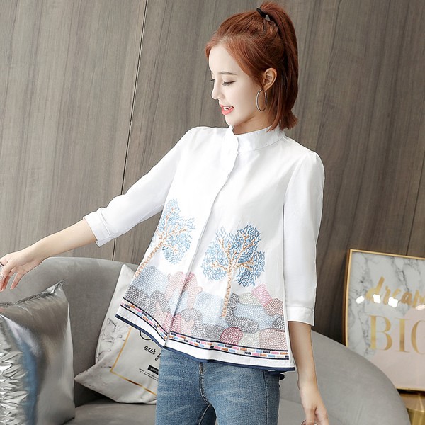 Women Embroidery Blouses Summer 3/4 Sleeve White Plus Size Doll Shirts | BigBuy360 - bigbuy360.vn