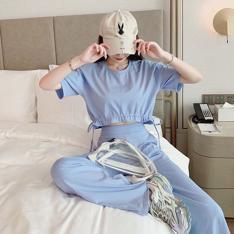 Set Áo Thun Tay Ngắn + Quần Dài Lưng Cao Thời Trang Hè 2022 Cá Tính Cho Nữ