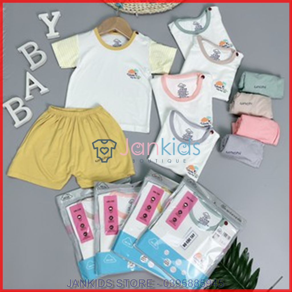 Bộ cộc UNCHI cài vai phối tay kẻ, Bộ quần áo cộc tay cài vai chất petit mềm mịn cho bé 5-15kg
