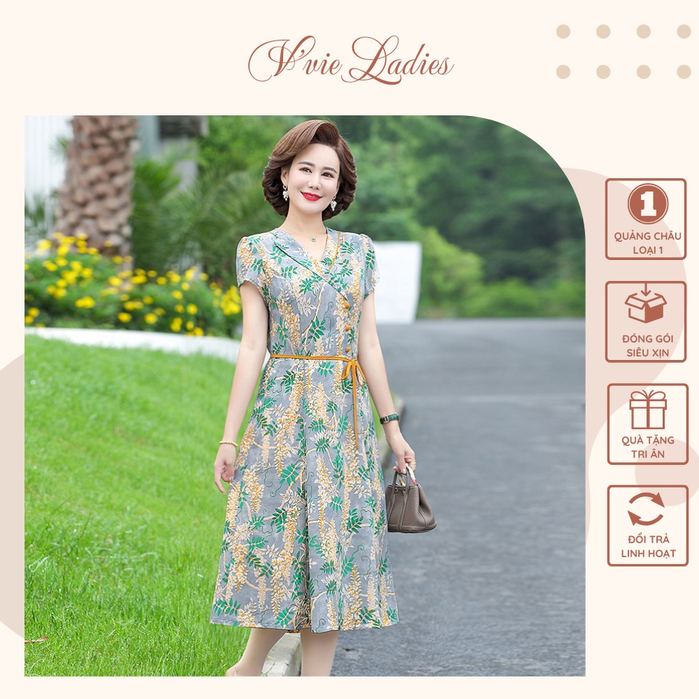 Đầm trung niên 2 màu xanh/cam trẻ trung sang trọng tặng mẹ V'vie Ladies