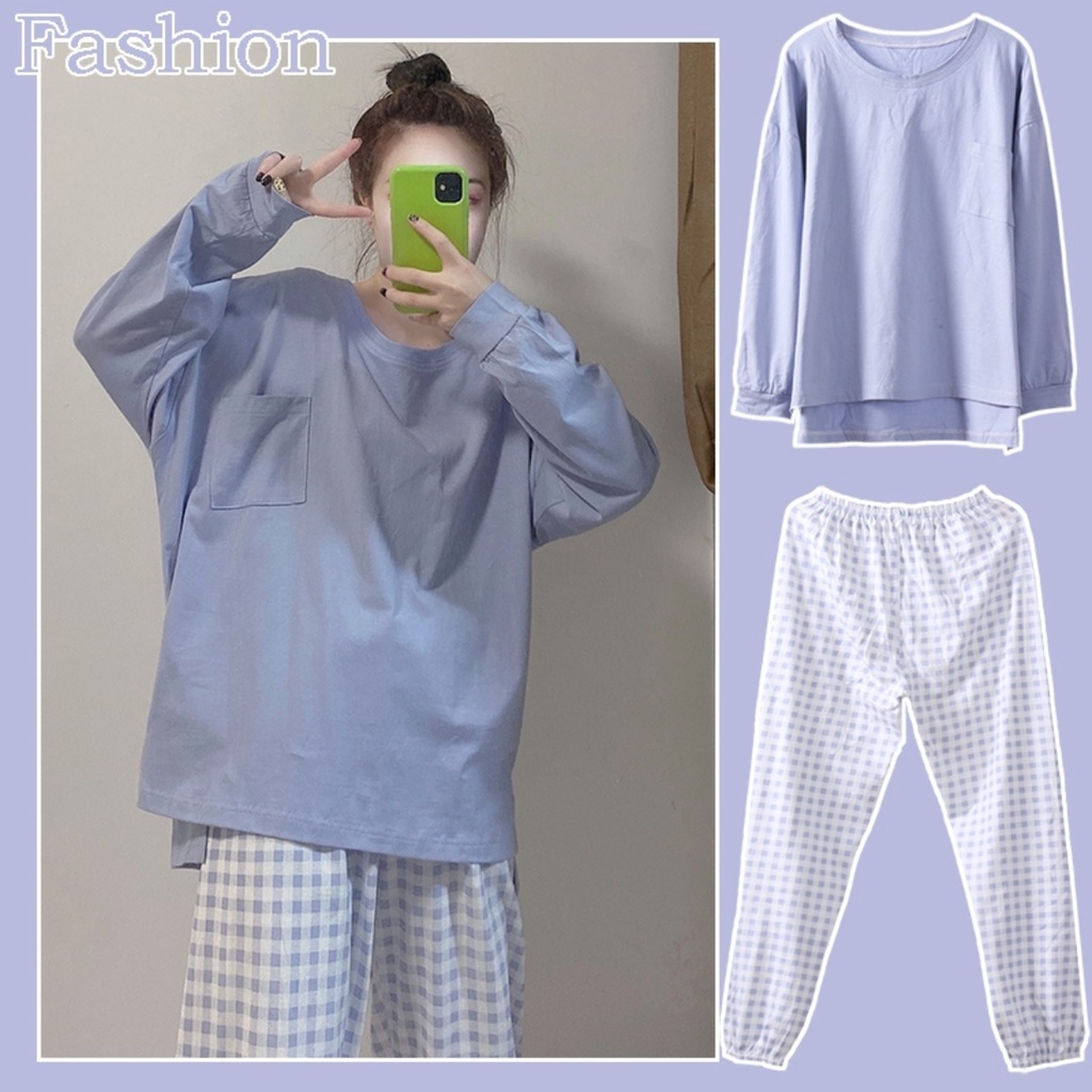 BỘ ĐỒ NGỦ MẶC NHÀ DÀI TAY COTTON TRƠN KÈM QUẦN CARO THU ĐÔNG HOT 2021