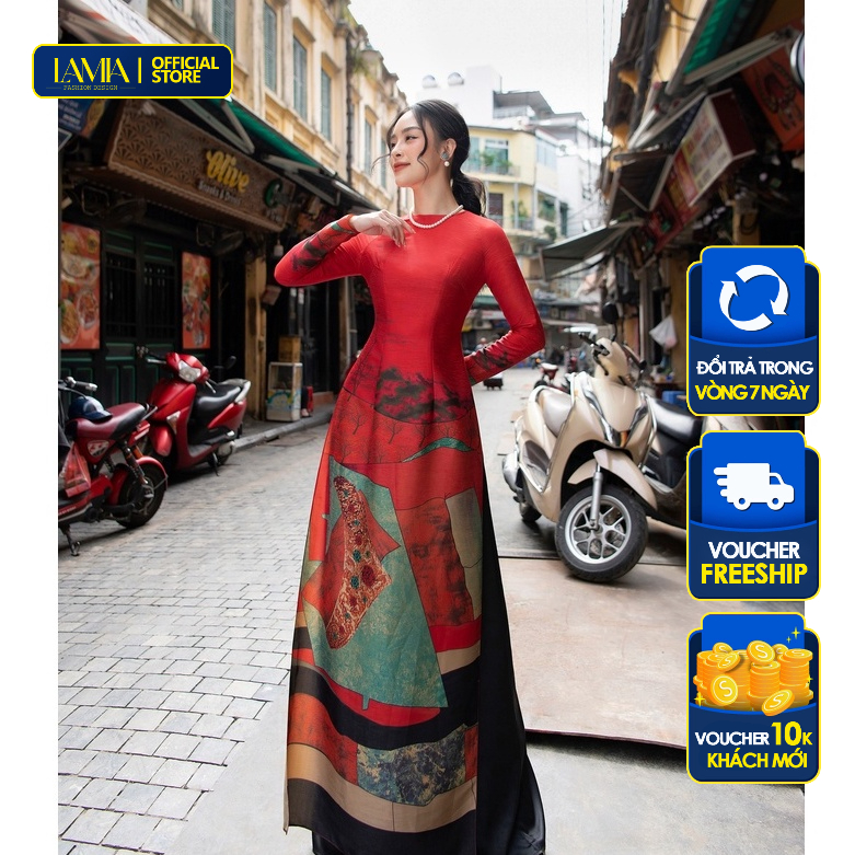 Áo dài truyền thống Lamia Design AD026 màu đỏ lụa hoa gấm họa tiết phác họa tranh trừu tượng tinh tế nổi bật