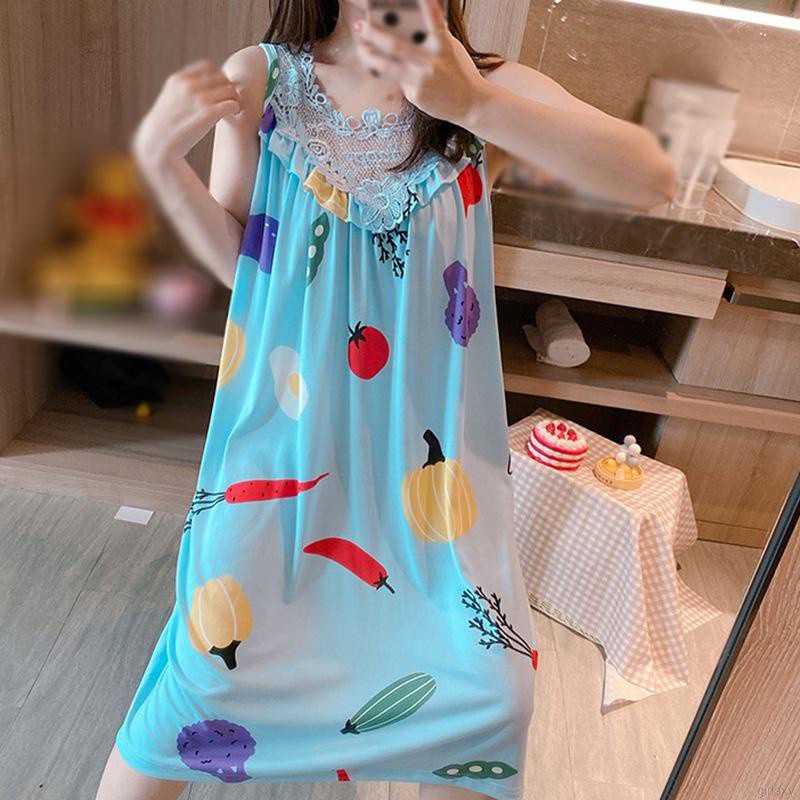 đồ ngủ Không Tay Phối Ren In Họa Tiết Hoạt Hình Phong Cách Hàn Quốc Thời Trang Mùa Hè