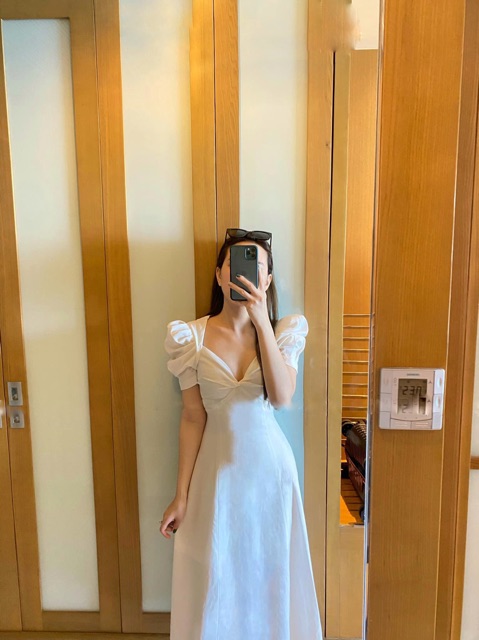 Đầm Maxi Trắng xoắn Ngực Tay Phồng | BigBuy360 - bigbuy360.vn