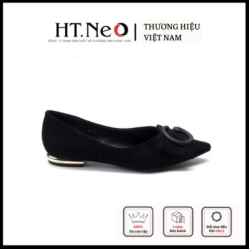 Giày bup bê nữ HT.NEO Da lộn mềm mại, thiết kế đính khuy cùng nơ cực xinh NU92