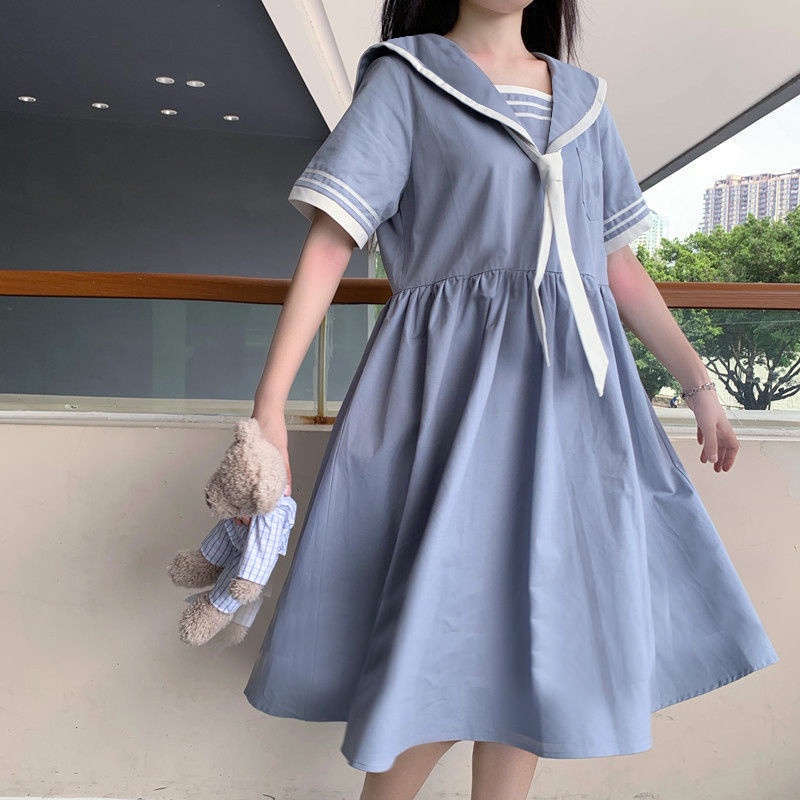 Váy nữ màu xanh dương Ve áo thời trang Hàn Quốc Phong cách công chúa chất vải mềm
