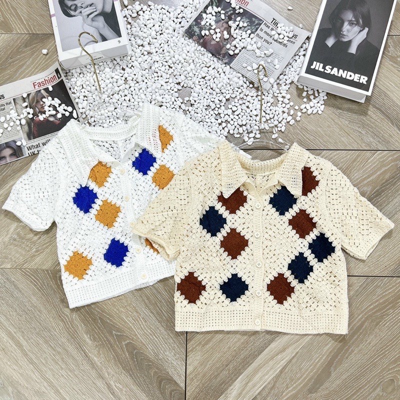 Áo len ren đan móc thổ cẩm hoạ tiết siêu xinh,áo cardigan len ô trám cổ bẻ cài khuy
