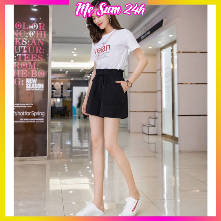 Quần short nữ cạp cao, quần đùi nữ ống rộng lưng thun Mẹ Sam 24h, chất liệu Đũi mịn mát, form thoải mái QH.49