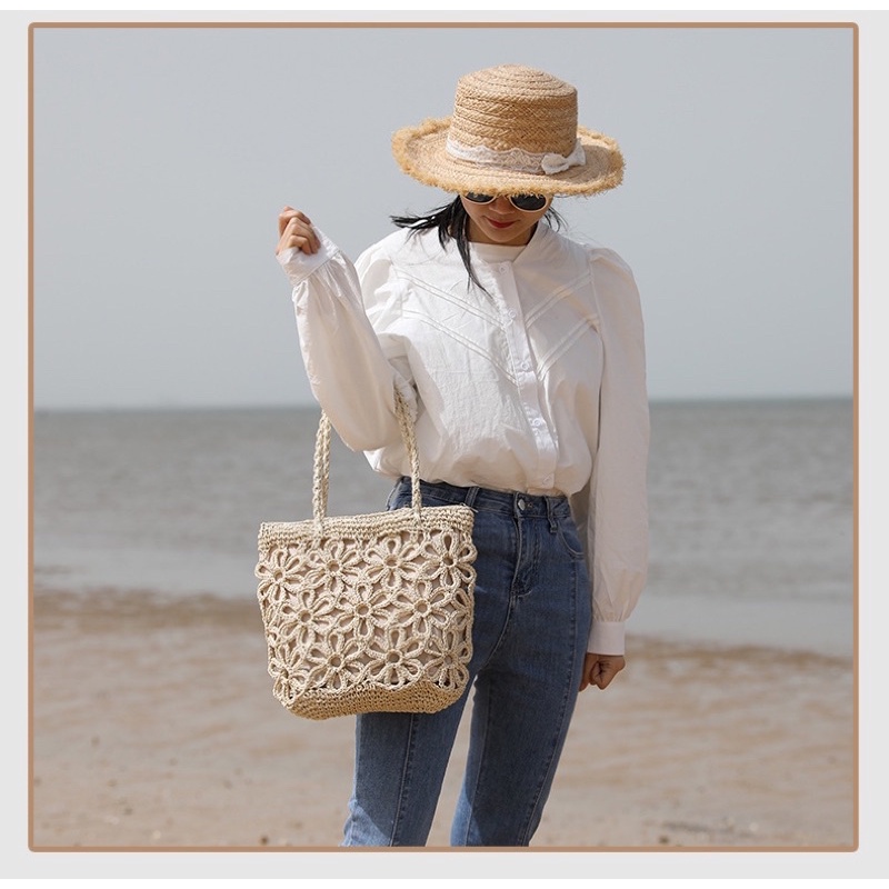 Giỏ Túi Cói Rơm Đan Bện Chặt Hình Hoa Siêu Xinh ABBB030