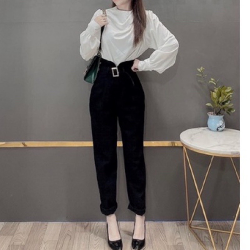 Quần Baggy Học Sinh Đi Học Cạp V Lưng Cao Màu Đen B01