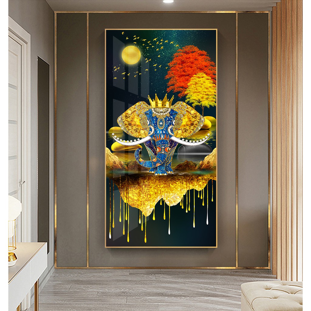 Tranh treo tường hiện đại phong thủy con voi may mắn chất liệu bóng kính hoặc vải canvas con voi 120x240 cm 14-9-2020