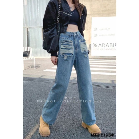 Quần jeans suông rách túi hàng QCL1