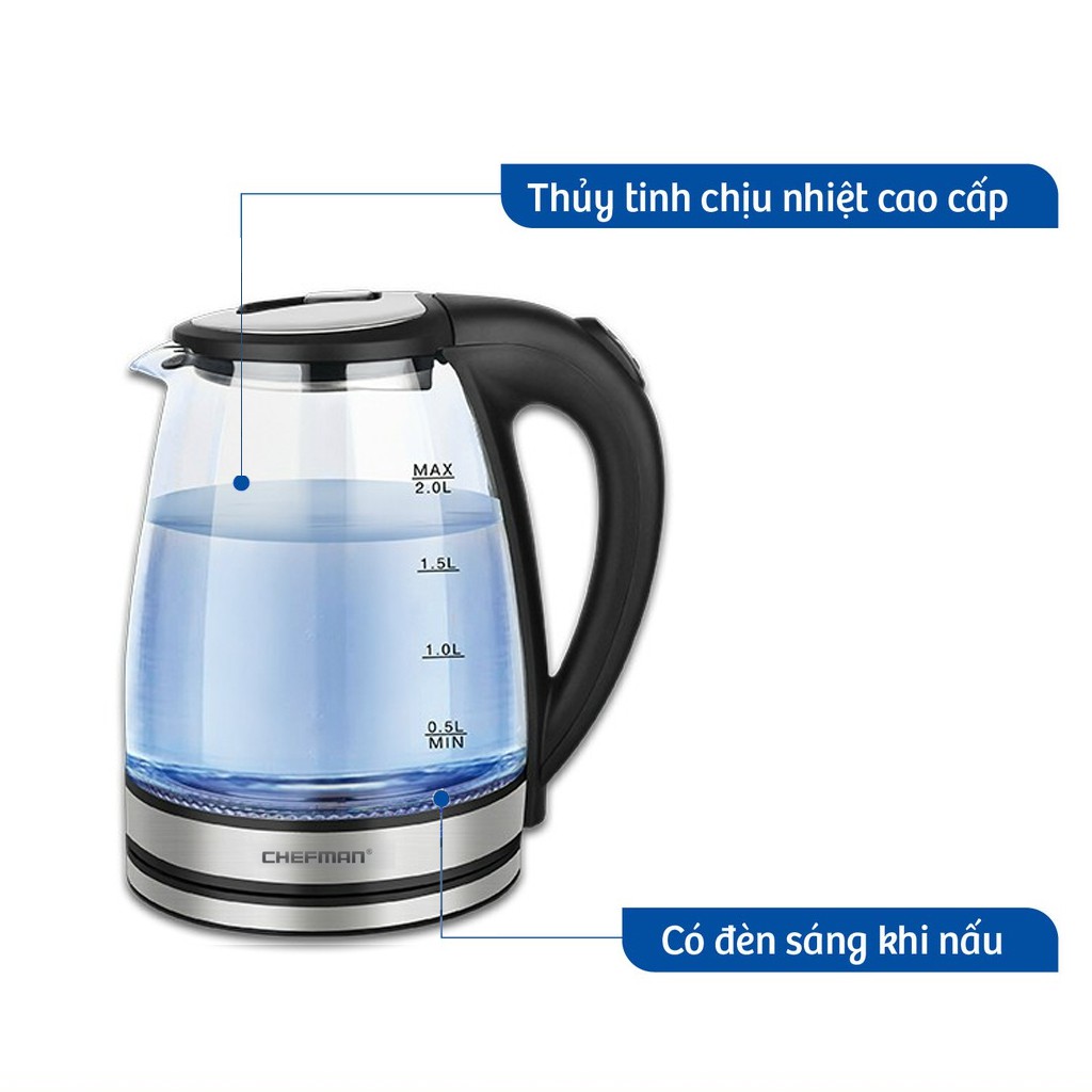 Ấm Siêu Tốc Chefman - CM736T , Bảo Hành 12 Tháng , Dung Tích 2L , Chất Liệu Thủy Tinh - Nhựa - Inox 304 , Chính Hãng