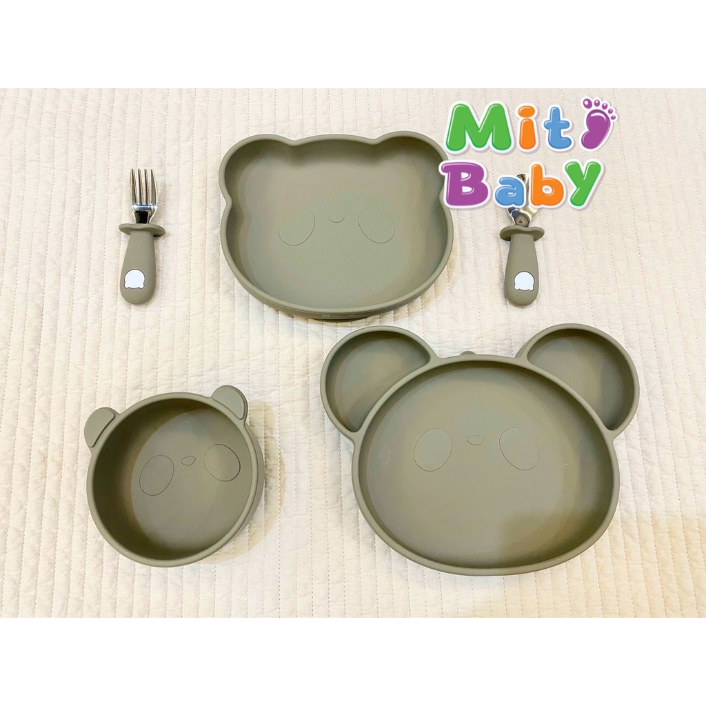 Bát đĩa ăn dặm cho bé, đĩa ăn dặm gấu hít sàn bar- rot
