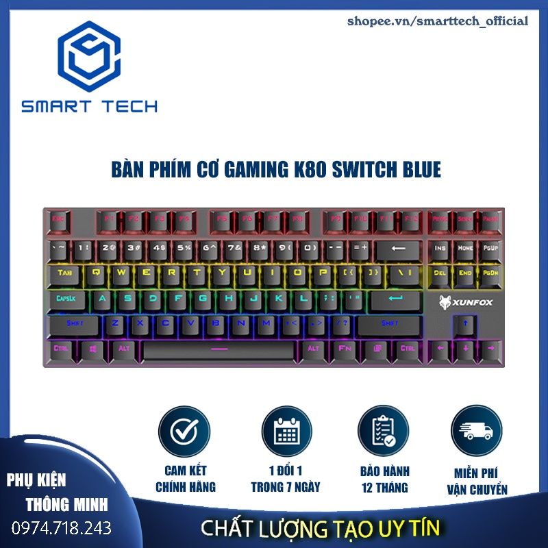 Bàn Phím Cơ Gaming K80 LED RAINBOWSChế Độ Nháy Cực Đẹp, Phím CƠ Gõ Siêu Đã, Thiết Kế Nhỏ Gọn Dùng Cho Máy Tính, Laptop