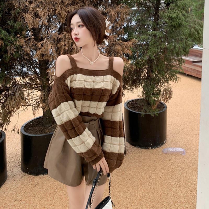 Bộ Áo Sweater Dệt Kim Trễ Vai Dáng Rộng Phối Quần Da Lưng Cao Thời Trang Mùa Xuân Cho Nữ