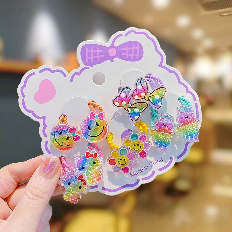 Set 2 Dây Cột Tóc Co Giãn Đính Kim Tuyến Màu Sắc Cầu Vồng Dễ Thương Cho Bé Gái