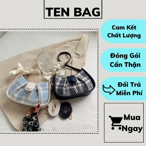 Túi kẹp nách đeo chéo nữ công sở phối da dạ nút tròn kẻ sọc caro thời trang phong cách retro cao cấp