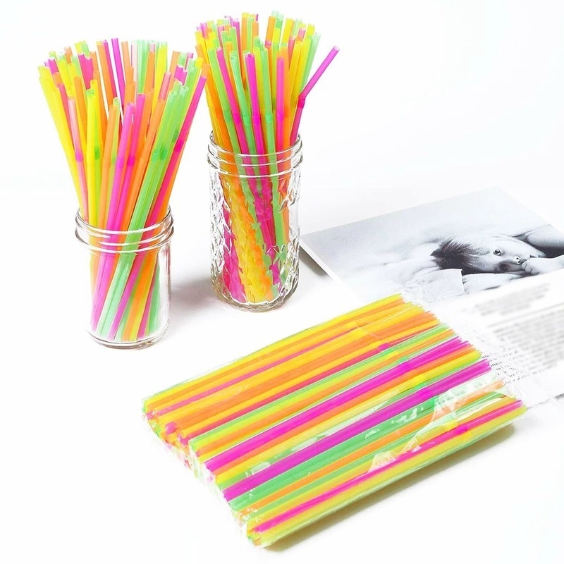 100 Pcs/Pack Fluorescent Plastic Bendable Straws/ 21CM Disposable Flexible Drinking Straws/ DIY Drink Straw Party Bar Accessories