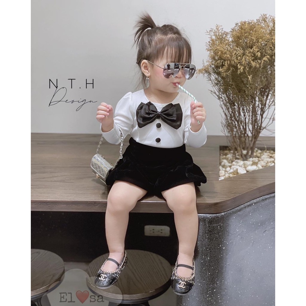 Quần áo bé gái - Set áo tăm nhung nơ kèm quần nhung siêu xinh cho bé gái 1-5 Tuổi