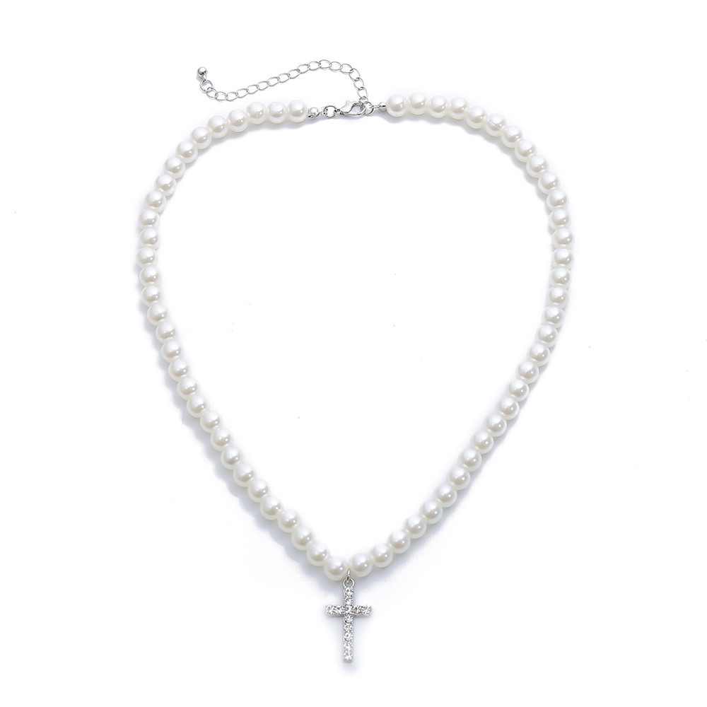 Vòng cổ choker mặt chữ thập đính ngọc trai giả thời trang cho nam nữ Yanqueens Đồ trang sức
