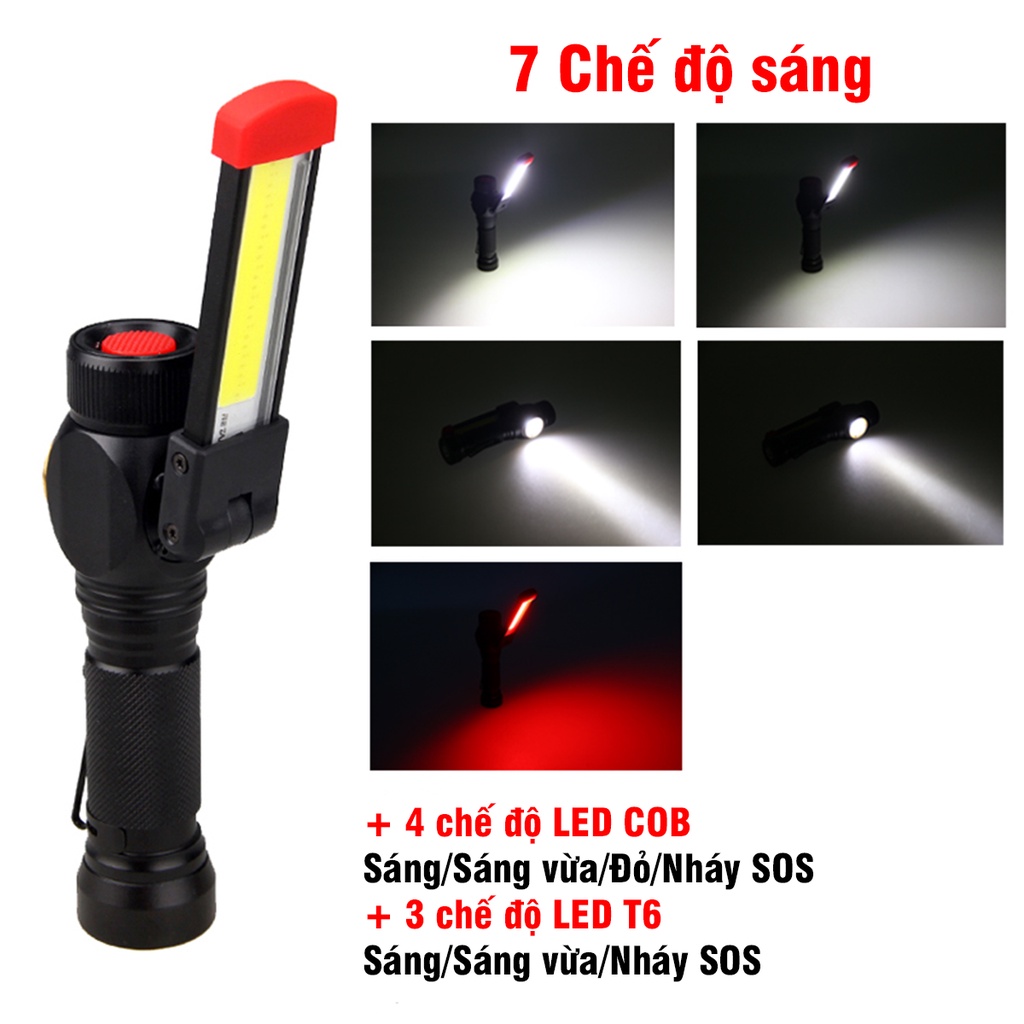 Đèn Pin LED COB + T6 Dùng Pin 18650 Sạc Pin Đa Năng, Đế Nam Châm W550