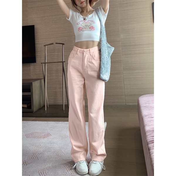 *kèm ảnh thật* Quần kaki màu hồng pastel ống suông đứng kiểu dáng Hàn Quốc