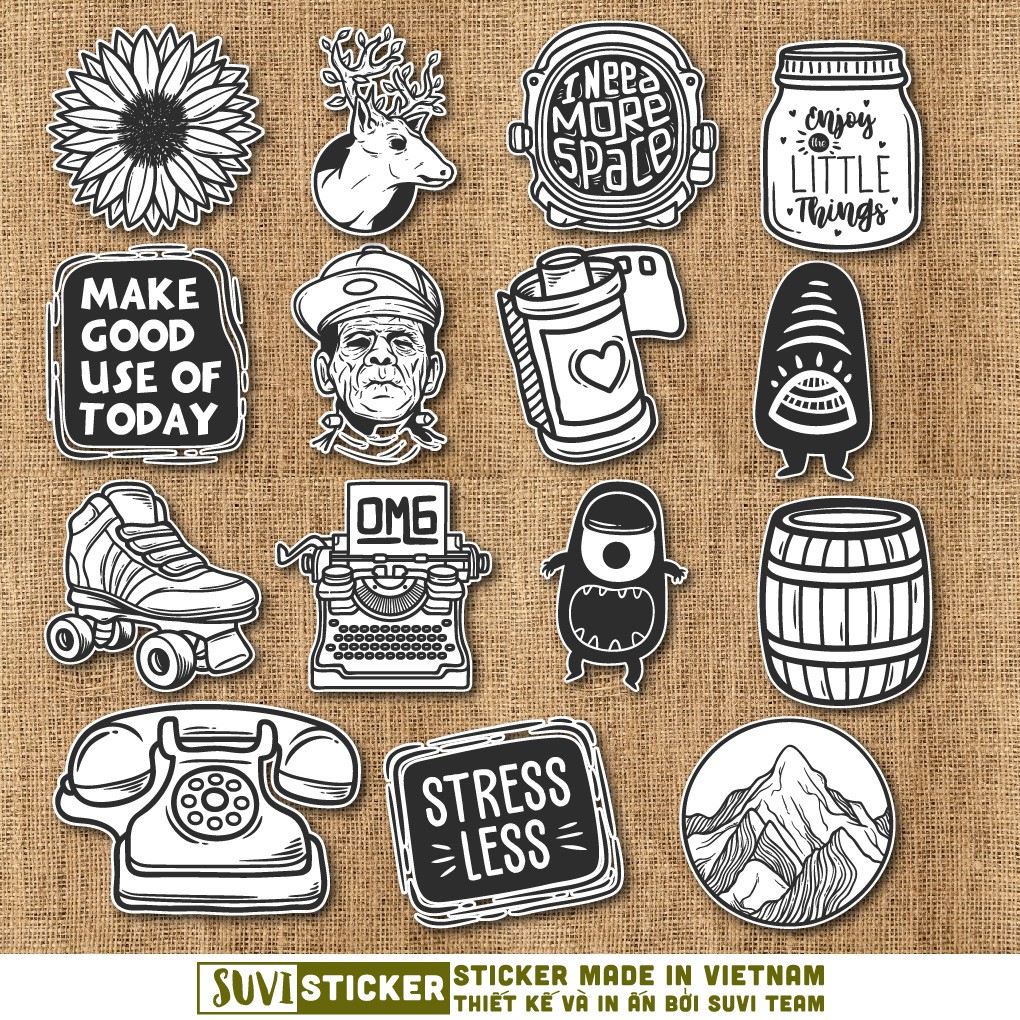 50 Sticker Trắng Đen chống nước sticker dán laptop, điện thoại, đàn guitar, mũ bảo hiểm, vali. MSP: C08