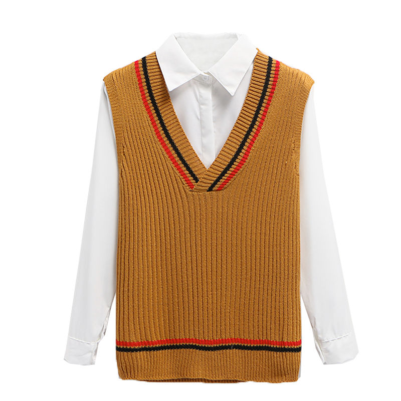 Áo len không tay cổ V phối sọc dáng rộng thời trang Hàn Quốc cho nữ sinh | BigBuy360 - bigbuy360.vn
