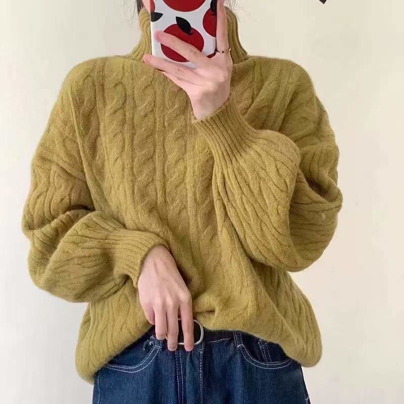 Áo Sweater Dệt Kim Tay Dài Cổ Cao Dáng Rộng In Họa Tiết Phong Cách Hàn Quốc Thời Trang Mùa Thu Cho Nữ