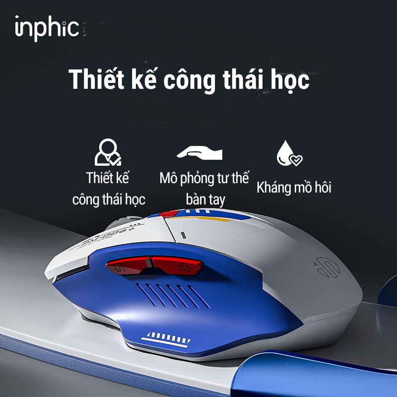 Chuôt không dây wireless, con chuột ko dây pin sạ có đèn Led tĩnh âm silent  INPHIC M6P thiết kế công thái học 6 nút