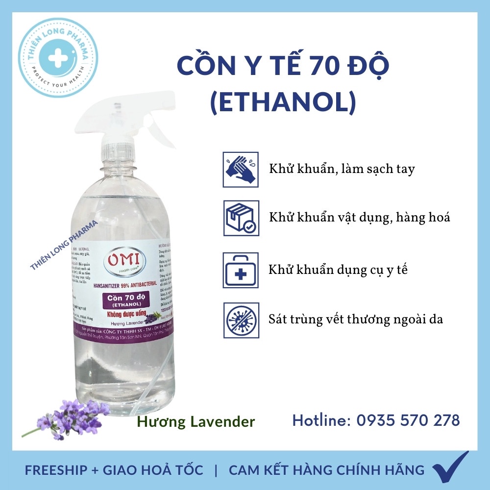 Cồn 70 độ Ethanol 1000ml, cồn y tế xịt diệt khuẩn, rửa tay có vòi xịt Calita