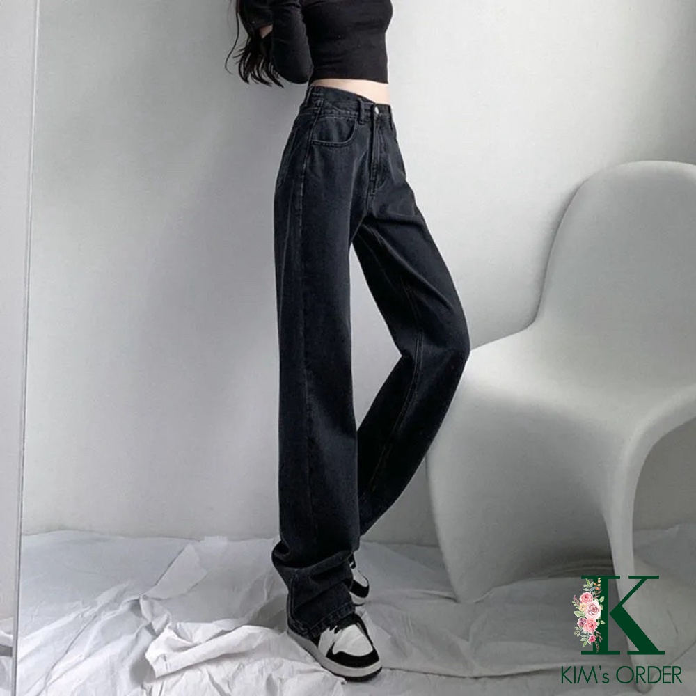 Quần Jeans Nữ Cạp Lệch Ống Đứng Màu Đen Khói Lưng Cao Dáng Rộng Ống Dài Phong Cách Ulzzang Cá Tính Loại 1 Có Bigsize